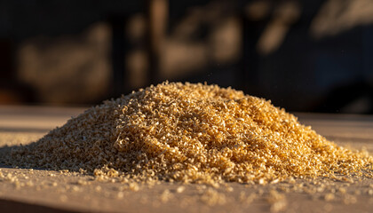 Close up of fresh yellow wood sawdust pile in carpentry setting