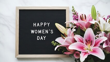 Happy womens day message with beautiful pink lilies in a framed letter board