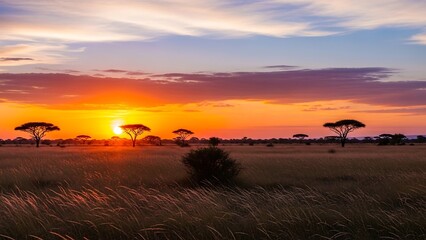 Sunset savannah landscape with acacia trees.