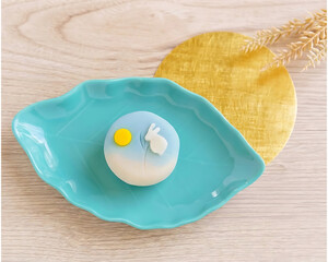 Japanese Wagashi Moon Viewing Dessert with Rabbit Motif on Leaf Plate 