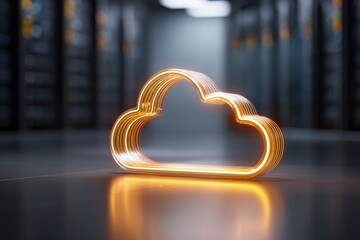 Digital Golden Cloud: A glowing, golden cloud symbol illuminates the digital world, representing cloud computing and data storage within a modern server room, showcasing technological advancements.