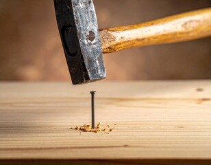 Macro shot of hammer striking nail in wood with clear impact detail