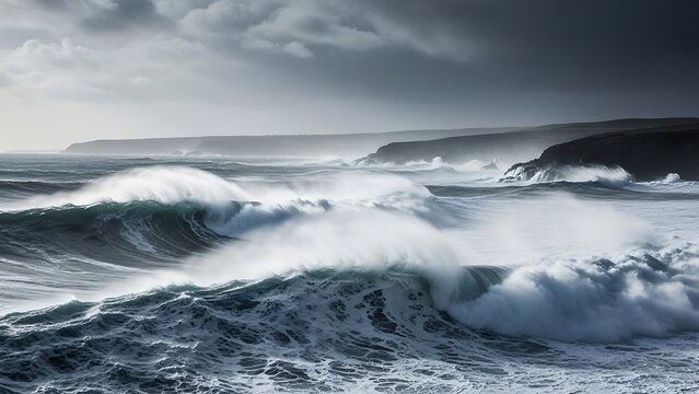 Stormy ocean waves crashing ashore fiercely. - Powered by Adobe