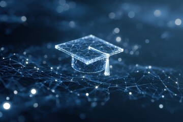 Digital Education Icon: The image features a digital representation of a graduation cap, floating amidst a network of interconnected points and lines.