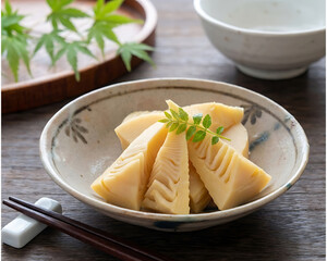 Traditional Japanese Simmered Bamboo Shoots (Takenoko) Served in Ceramic Bowl