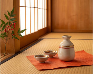 Traditional Japanese Sake Set with Cups and Wagashi on Wooden Tray 