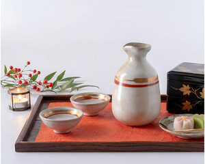 Traditional Japanese Sake Set with Cups and Wagashi on Wooden Tray 