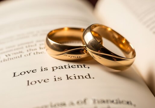 Timeless Gold Wedding Rings with Bible Quote: "Love is Patient, Love is Kind" Inspirational Flat Lay