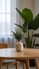 Minimalist table with white vase and single plant, clean background, diffused natural light, clean Japanese aesthetic, balanced composition, 4k photo.