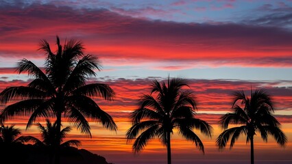 Obraz premium Silhouette of palm trees at sunset.