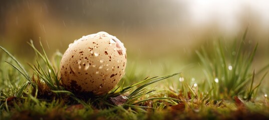 egg with dew drops on grassy field and soft blur backdrop