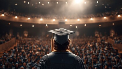 The Scholar's Address: A graduate in cap and gown, stands at the podium, delivering a commencement speech before a crowded auditorium. A moment of triumph, wisdom and aspiration.