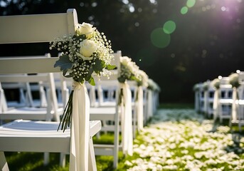 Serene Outdoor Wedding Aisle Decor: White Roses, Baby's Breath Bouquets & Satin Ribbon Chairs with Petal Path