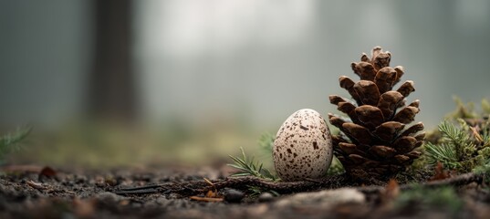 Egg with pinecone in woodland setting, sustainable recycling symbol