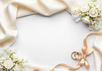 Elegant Gold Wedding Rings Flat Lay: White Rose Corsages, Lace Details & Peach Satin Ribbon on Ivory Satin