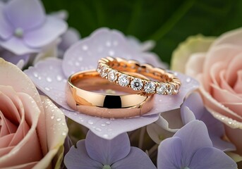 Timeless Rose Gold Diamond Eternity Band & Plain Wedding Ring: Lavender Hydrangea & Blush Rose Petal Backdrop