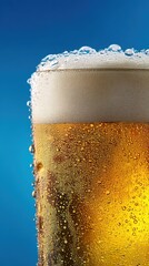 frosted glass with foam crown and dew drops on gradient backdrop