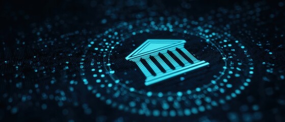 Financial Digitalization: A luminous icon of a government building stands at the heart of an intricate digital network.