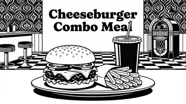 Monochrome vector illustration of a cheeseburger combo including fries and soda cup, representing iconic American fast food culture