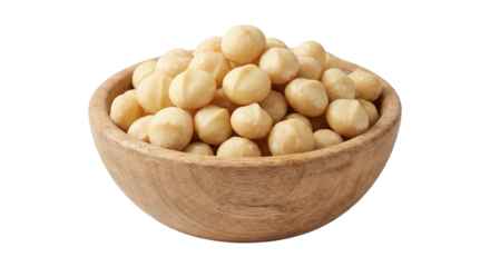 Bowl of healthy macadamia nuts on transparent background for food and snack concepts