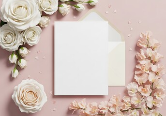 Blush Pink Wedding Invitation Mockup: White Roses, Sweet Peas Blooms & Heart Confetti Flat Lay