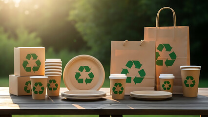 Eco friendly disposable tableware and packaging materials including paper cups plates and shopping bags with green recycling symbols arranged on wooden outdoor table promoting zero waste lifestyle.