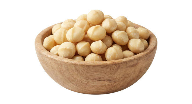 Bowl of healthy macadamia nuts on transparent background for food and snack concepts