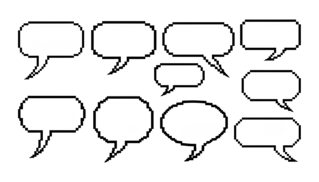 Collection of pixel art speech bubbles in various shapes on transparent background - Powered by Adobe