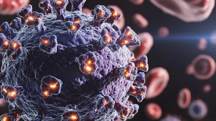 Detailed 3D rendering of a microscopic virus particle possibly a coronavirus showcasing its intricate structure with glowing spike proteins set against a blurred background of other cellular elements.