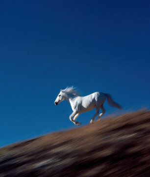 White horse running on a hill with motion blur
