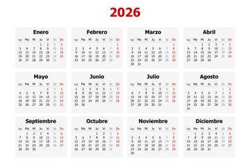 Vector illustration of modern Spanish calendar for year 2026