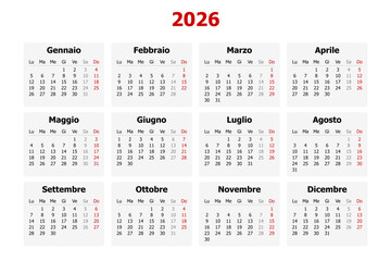 Vector illustration of modern Italian calendar for year 2026