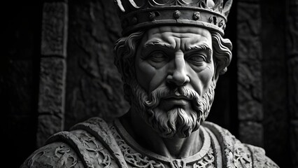 Ultra detailed stone bust of a medieval king, realistic marble veins, dramatic rim light, black and white​