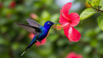 Vibrant blue hummingbird feeding on flower.
