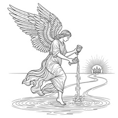 Angel Pouring Water: Esoteric Tarot Card Art, Spiritual Symbolism, Mystical Line Art Illustration, Winged Figure, New Age Design, Contemplative Artwork