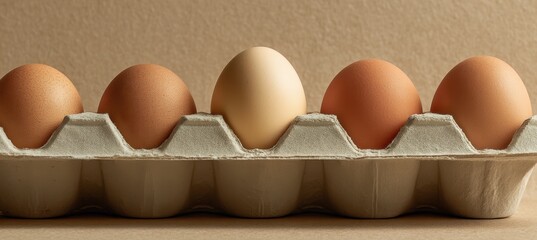 Single egg on open carton with paper backdrop and top banner layout