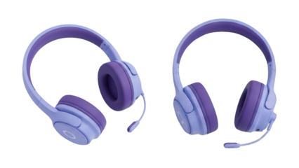 Two purple and light blue wireless headphones with microphone on a transparent background