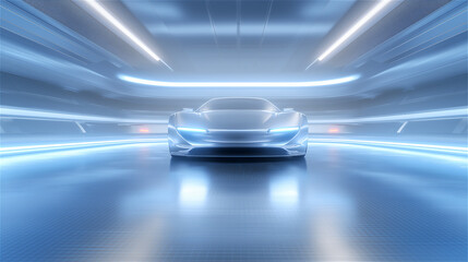 Autonomous electric car driving through futuristic tunnel with blue light trails and motion blur. Smart mobility, AI innovation, and future transportation concept with copy space.