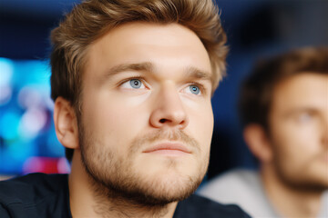Fototapeta premium Thoughtful young man watching an event with focused expression, cinematic blue lighting and blurred crowd behind. Entertainment, sports fan mood, attention, and copy space.