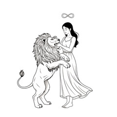 The Strength Tarot Card Illustration: Woman, Lion, Infinity Symbol - Esoteric, Occult, Arcane, Mystical, Spiritual Art, Black and White Line Art