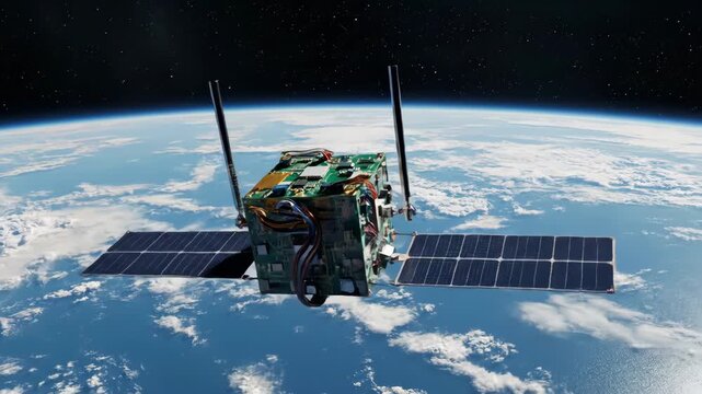 Modern nanosatellite deploying from spacecraft into Earth orbit. Concept of advanced space technology