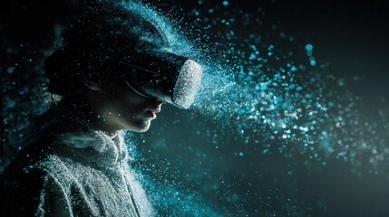 Woman wearing virtual reality headset with blue particles exploding around her