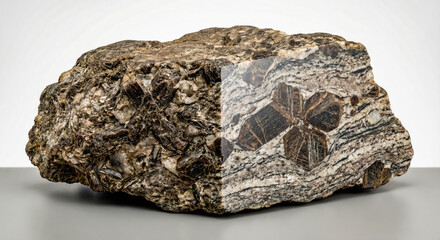A collectible geological specimen of porphyroblastic staurolite gneiss rock with dark brown cruciform twin crystals embedded in a banded metamorphic matrix, visible on polished cross-section.