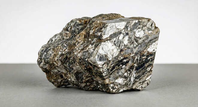 A collectible geological specimen of foliated silver mica schist rock specimen with lepidoblastic texture