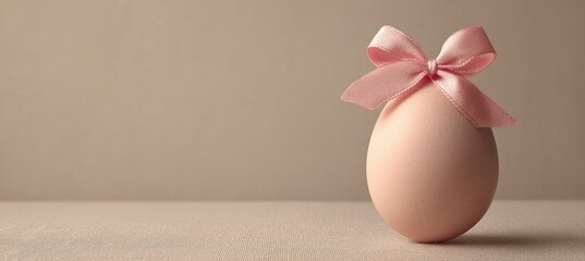 Egg Gift with Ribbon and Bow on Beige Background