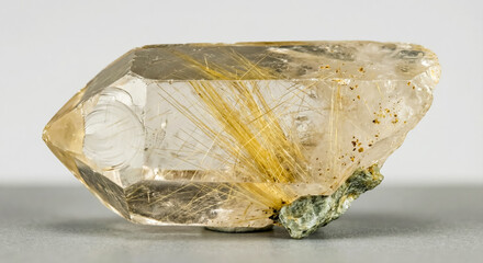 Transparent smoky quartz crystal containing needle-like golden rutile inclusions