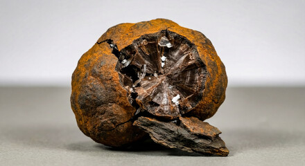 Spherulitic siderite kidney ore specimen with a botryoidal brown iron carbonate surface and with an internal radial-rayed structure