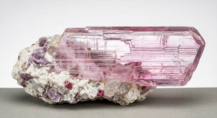 Pink kunzite crystal specimen (spodumene) on a white lepidolite-albite pegmatite with lilac lepidolite, transparent quartz, and small crystals of pink tourmaline (rubellite