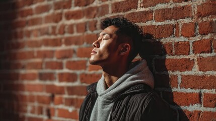 Obraz premium Young man with closed eyes leaning against red brick wall