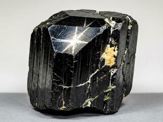 A collectible geological specimen of polished black star diopside with a four rayed asterism effect.